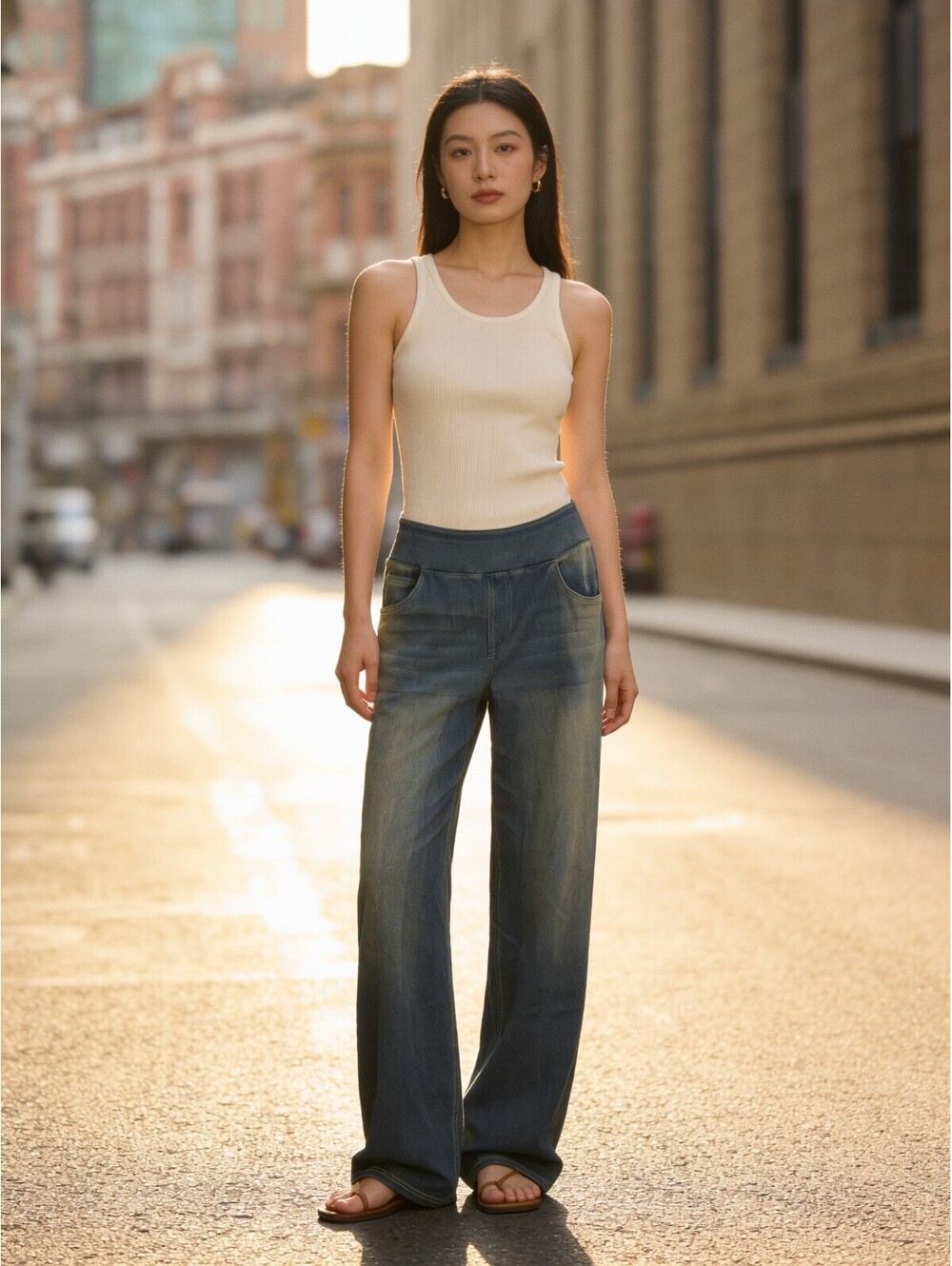 Halara Fiex High Waisted Pockets Baggy Wide Leg Washed Casual Jeans Blue L(Tall)